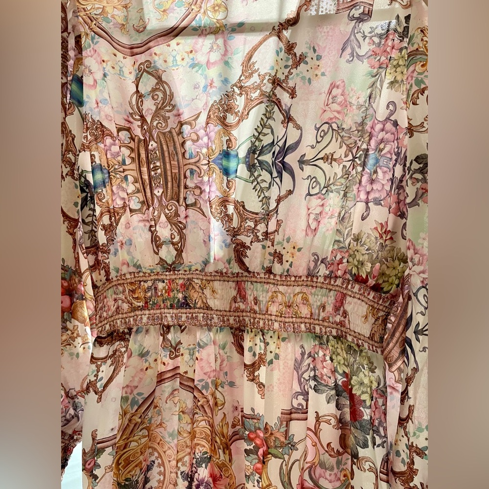 Boho Baroque Floral Maxi Dress Flowy Long Sleeve V Neck Scarf Print Cottagecore - Picture 14 of 15